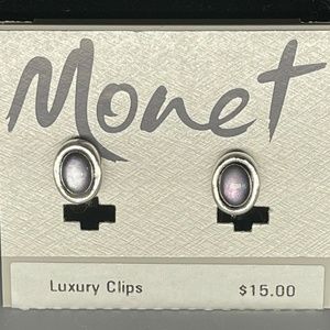 Vintage Luxury Monet Clip Earrings, Silver tone with Smokey Center